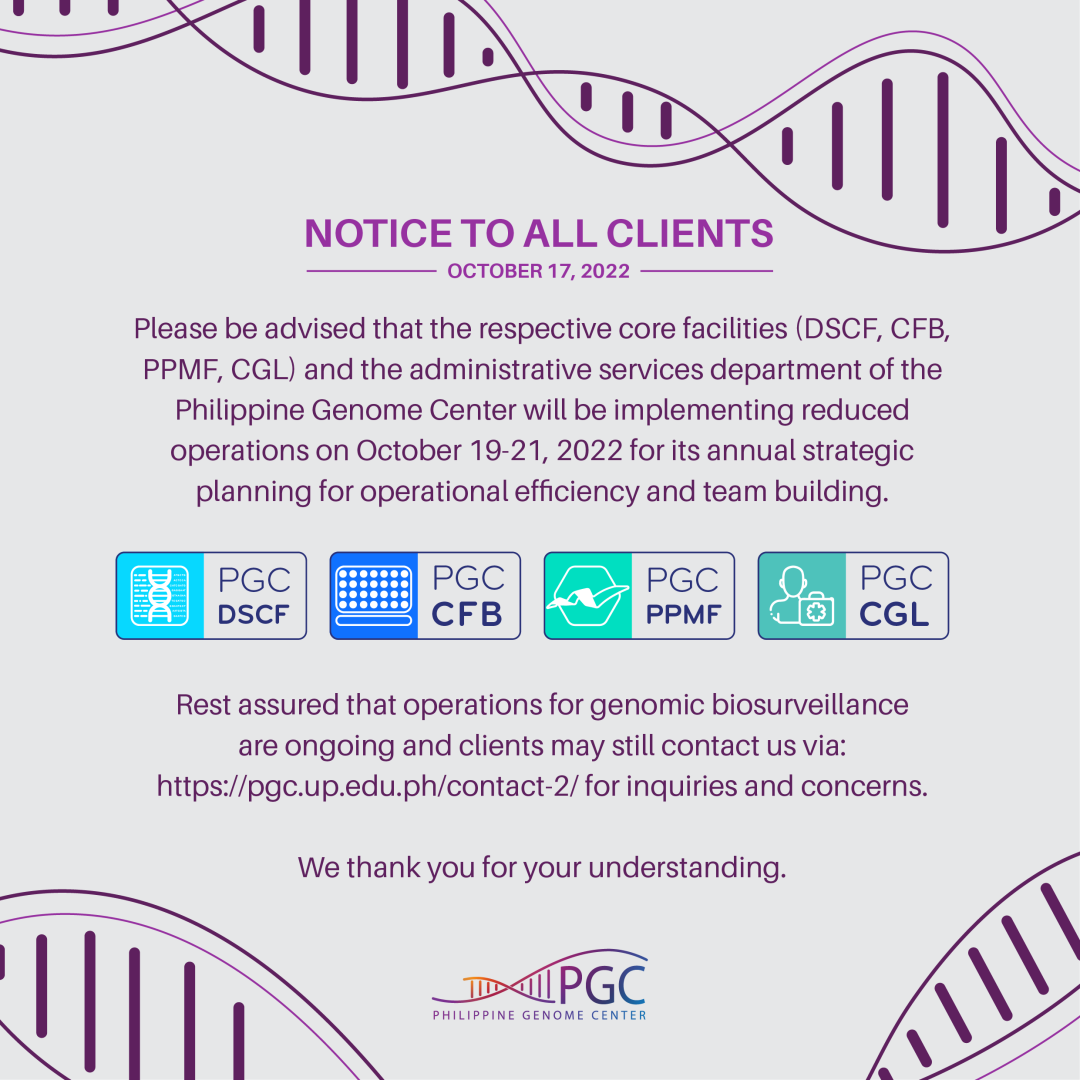 Advisory: Reduced operations on October 19-21, 2022 – Philippine Genome ...